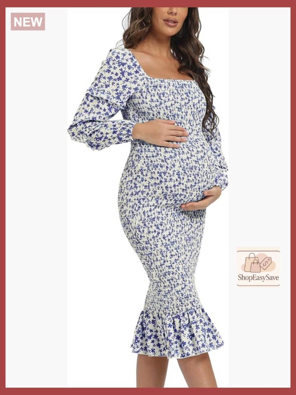 Maternity Midi Dress Floral Ruffle Hem Puff Sleeve Boho Chic Baby Shower